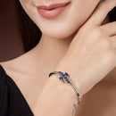 Rhodium Plated Silver Toned  Leaf Design Blue Teardrop American Diamond Studded Cuff Bracelet