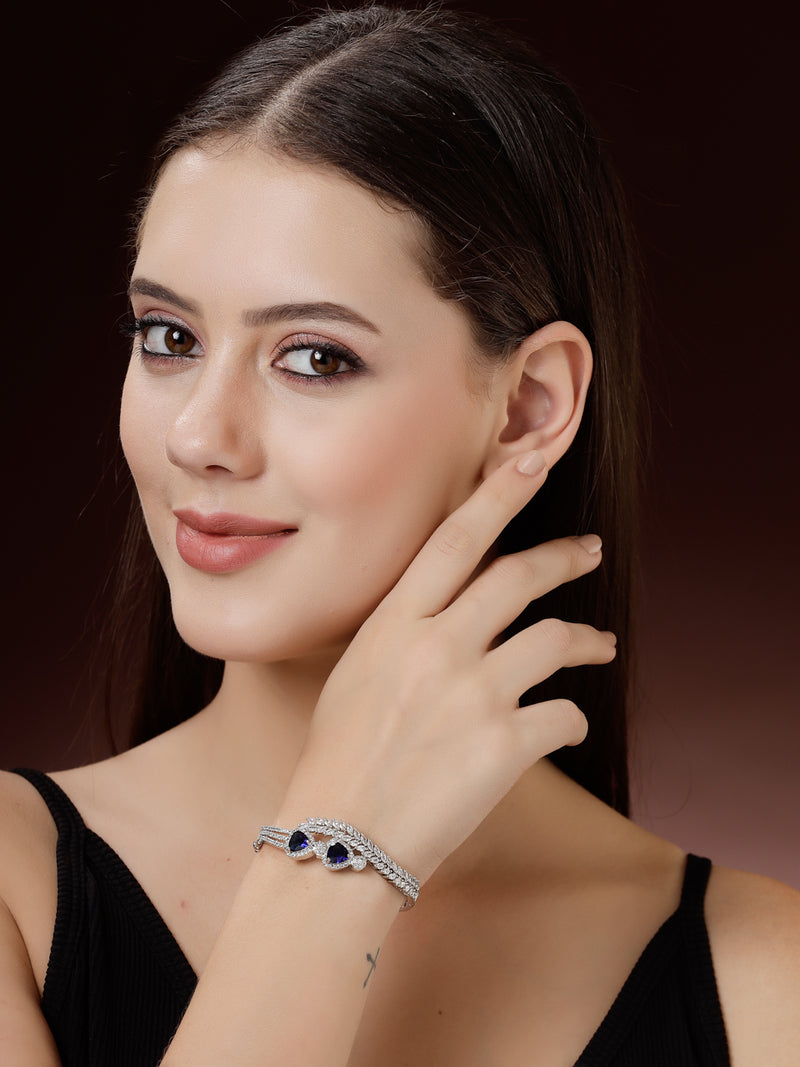 Rhodium Plated Silver Toned Blue Teardrop American Diamond Studded Cuff Bracelet