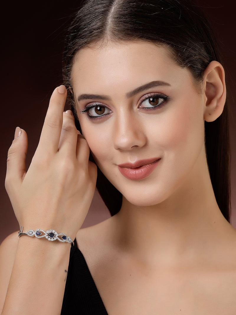 Rhodium Plated Silver Toned Oval & Teardrop Blue American Diamond Studded Cuff Bracelet