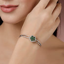 Rhodium Plated Silver Toned Floral Cluster Green American Diamond  Studded Cuff Bracelet
