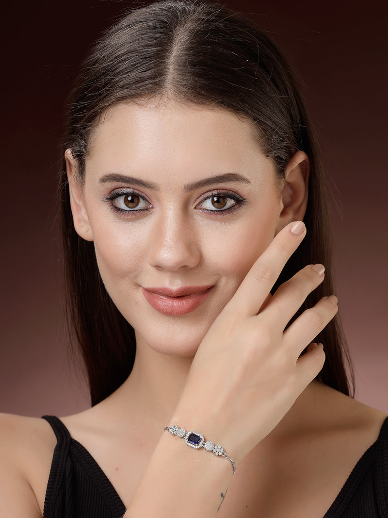 Rhodium Plated Silver Toned Blue Square Centerpiece Ad Studded Bracelet With Beads & Floral Accents  Wraparound Adjustable Bracelet