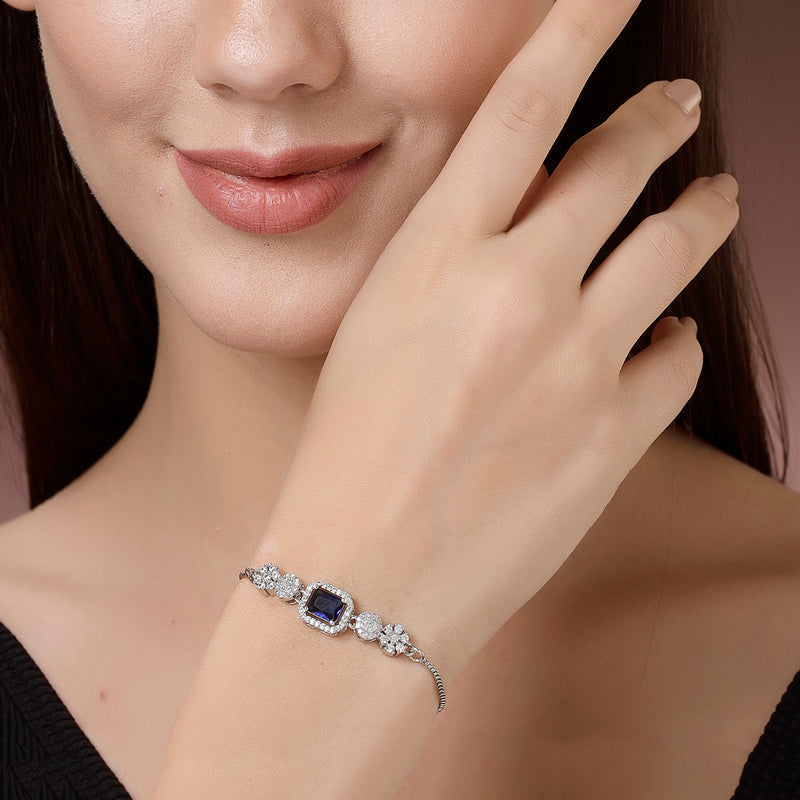 Rhodium Plated Silver Toned Blue Square Centerpiece Ad Studded Bracelet With Beads & Floral Accents  Wraparound Adjustable Bracelet