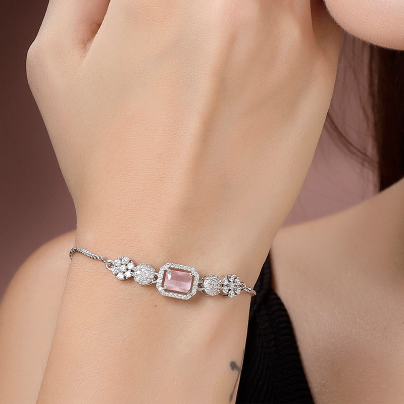 Rhodium Plated Silver Toned Pink Square Centerpiece Ad Studded Bracelet With Beads & Floral Accents Wraparound Adjustable Bracelet