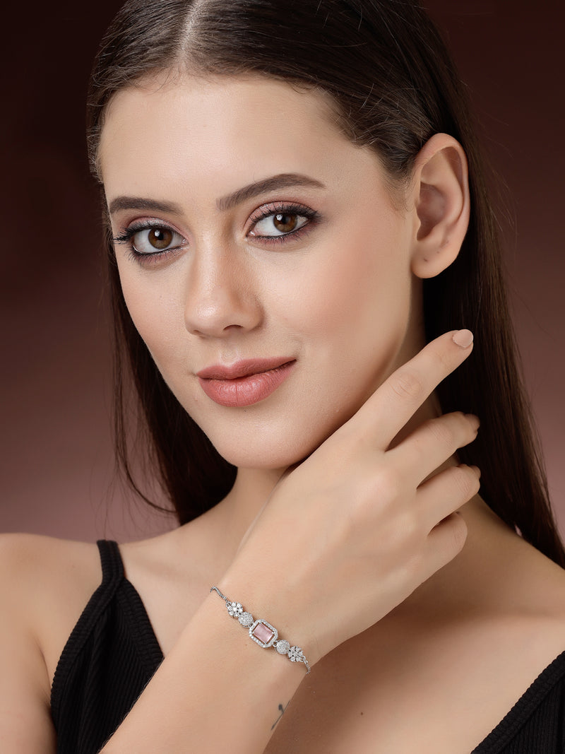 Rhodium Plated Silver Toned Pink Square Centerpiece Ad Studded Bracelet With Beads & Floral Accents Wraparound Adjustable Bracelet