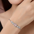 Rhodium Plated Silver Toned Pink Square Centerpiece Ad Studded Bracelet With Beads & Floral Accents Wraparound Adjustable Bracelet