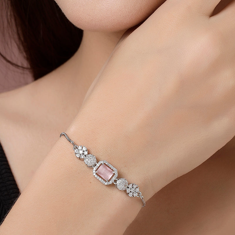 Rhodium Plated Silver Toned Pink Square Centerpiece Ad Studded Bracelet With Beads & Floral Accents Wraparound Adjustable Bracelet
