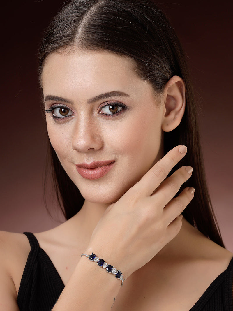 Rhodium Plated Silver Toned White Round & Blue Square Cut Studded Wraparound Adjustable Bracelet