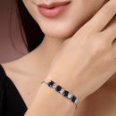 Rhodium Plated Silver Toned White Round & Blue Square Cut Studded Wraparound Adjustable Bracelet