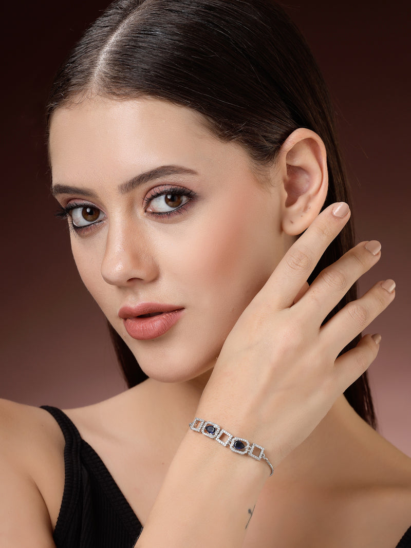 Rhodium Plated Silver Toned White Square Cut Blue Teardrop Ad Studded Wraparound Adjustable Bracelet