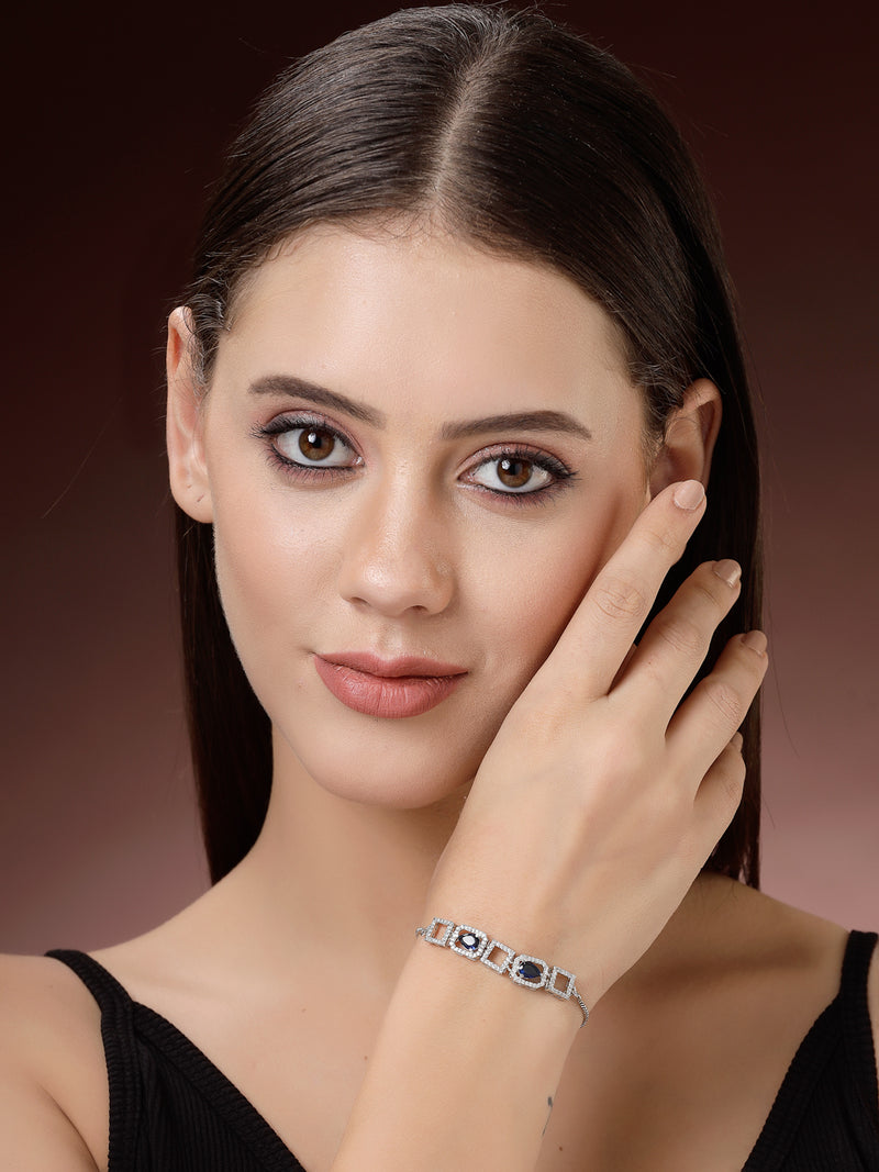 Rhodium Plated Silver Toned White Square Cut Blue Teardrop Ad Studded Wraparound Adjustable Bracelet