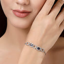 Rhodium Plated Silver Toned White Square Cut Blue Teardrop Ad Studded Wraparound Adjustable Bracelet