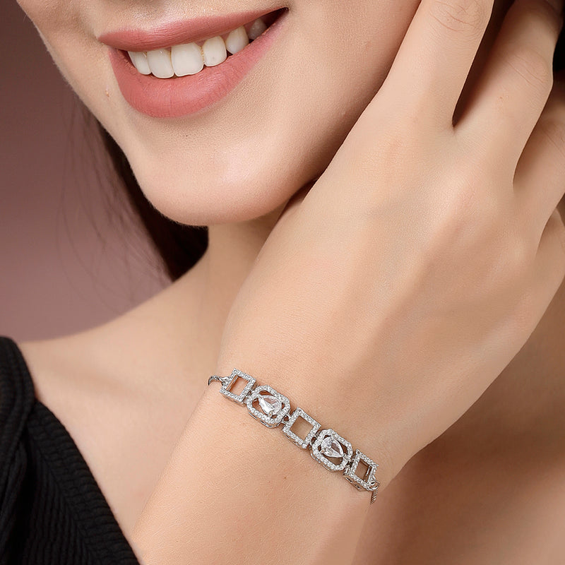 Rhodium Plated Silver Toned White Square Cut & Teardrop American Diamond Studded Wraparound Adjustable Bracelet