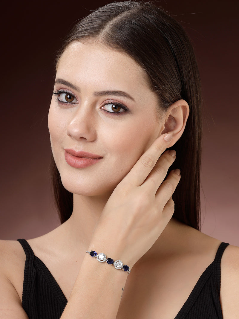 Rhodium Plated Silver Toned White Round & Blue  Oval AD Studded Wraparound Adjustable Bracelet