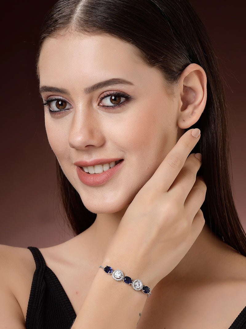 Rhodium Plated Silver Toned White Round & Blue  Oval AD Studded Wraparound Adjustable Bracelet