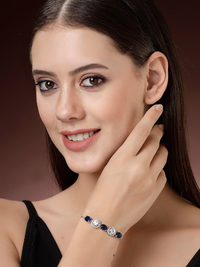 Rhodium Plated Silver Toned White Round & Blue  Oval AD Studded Wraparound Adjustable Bracelet