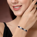 Rhodium Plated Silver Toned White Round & Blue  Oval AD Studded Wraparound Adjustable Bracelet