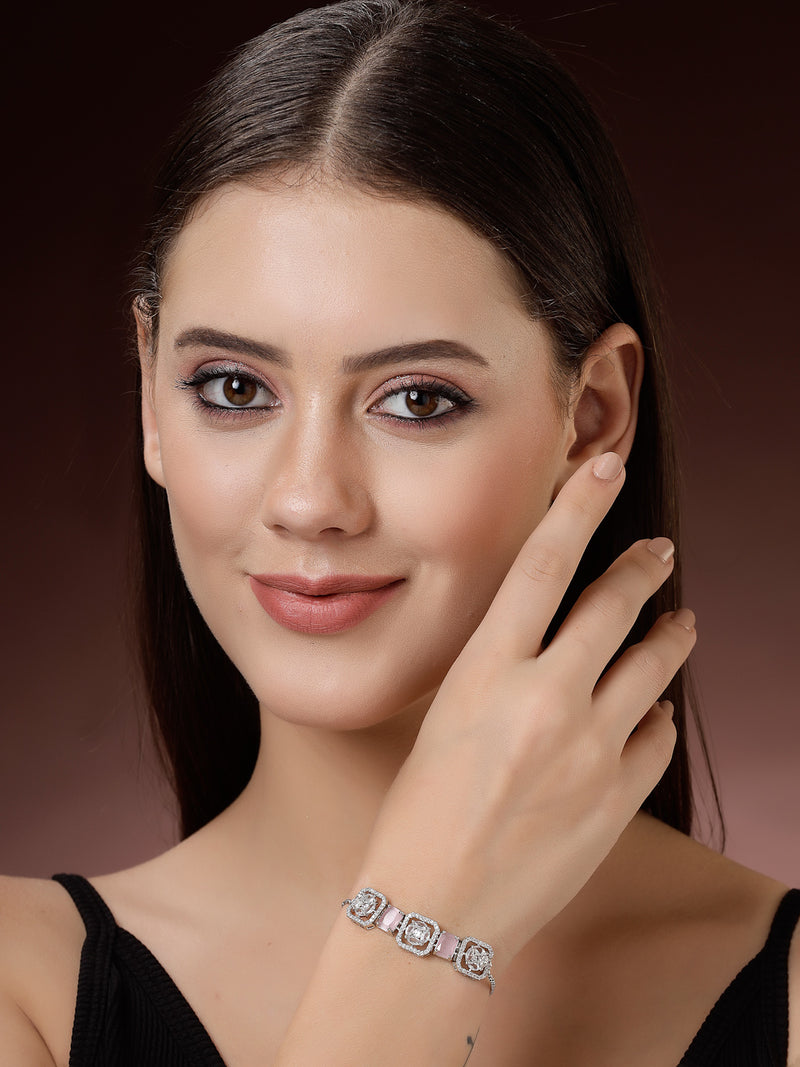 Rhodium Plated Silver Toned White Round & Pink Rectangle AD Studded  Wraparound Adjustable Bracelet