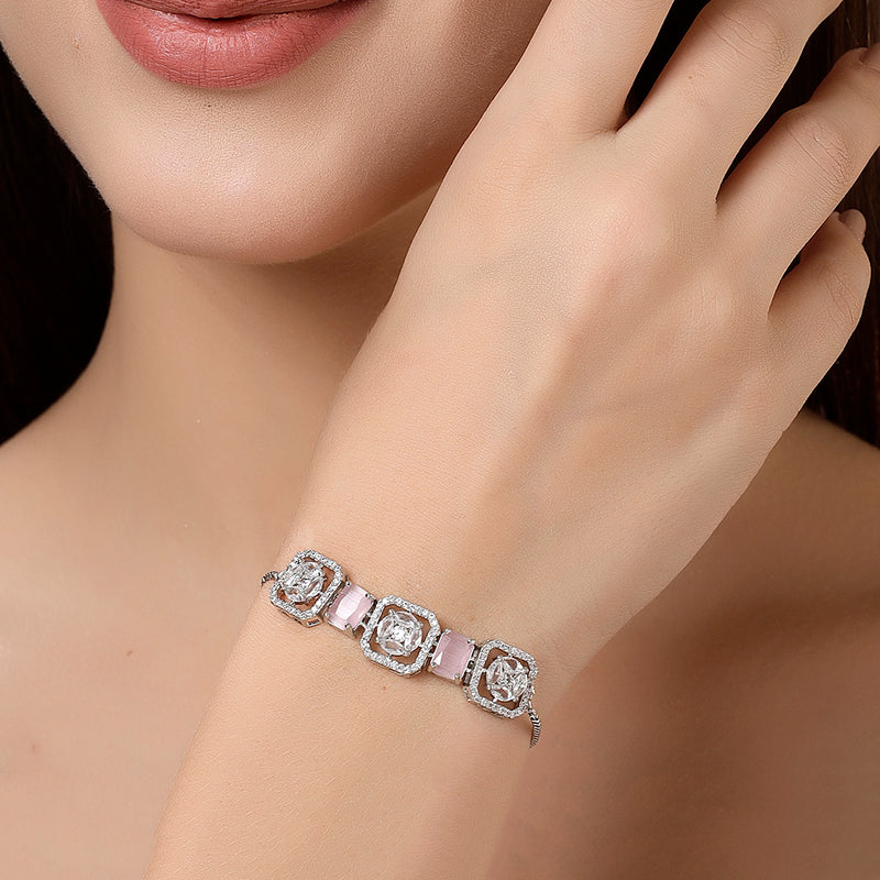 Rhodium Plated Silver Toned White Round & Pink Rectangle AD Studded  Wraparound Adjustable Bracelet