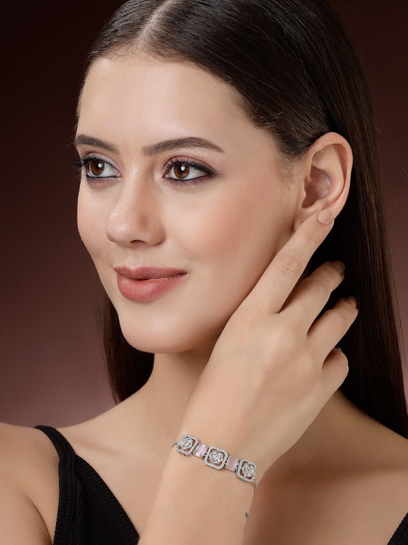 Rhodium Plated Silver Toned White Round & Pink Rectangle AD Studded  Wraparound Adjustable Bracelet