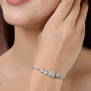 Rhodium Plated Silver Toned White Square Centerpiece American Diamond Studded Bracelet With Beads & Floral Accents Wraparound Adjustable Bracelet