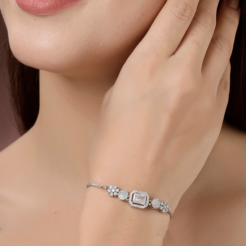 Rhodium Plated Silver Toned White Square Centerpiece American Diamond Studded Bracelet With Beads & Floral Accents Wraparound Adjustable Bracelet