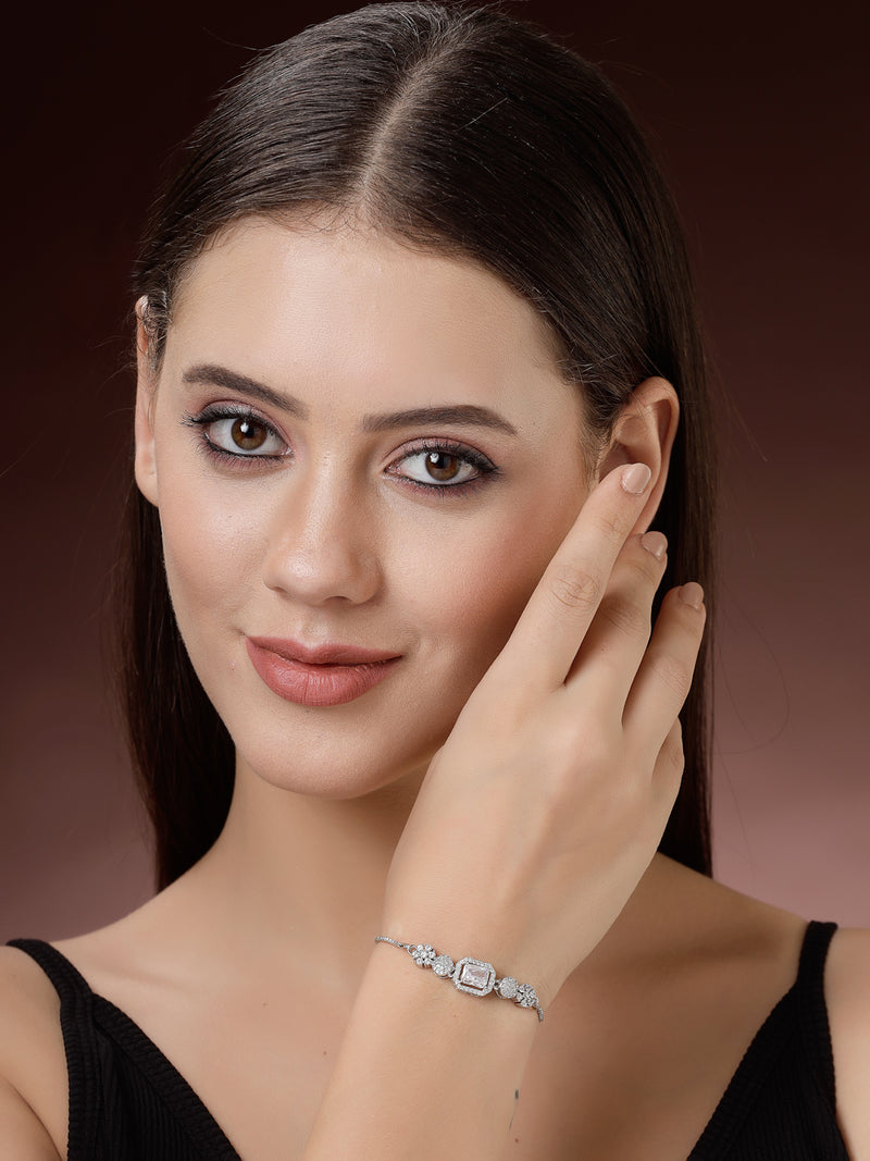 Rhodium Plated Silver Toned White Square Centerpiece American Diamond Studded Bracelet With Beads & Floral Accents Wraparound Adjustable Bracelet