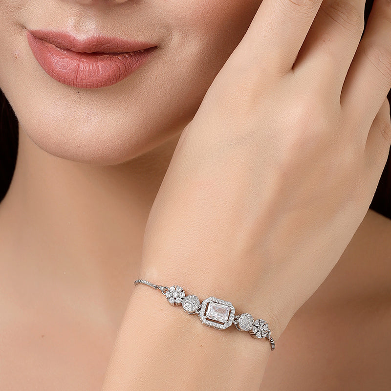 Rhodium Plated Silver Toned White Square Centerpiece American Diamond Studded Bracelet With Beads & Floral Accents Wraparound Adjustable Bracelet
