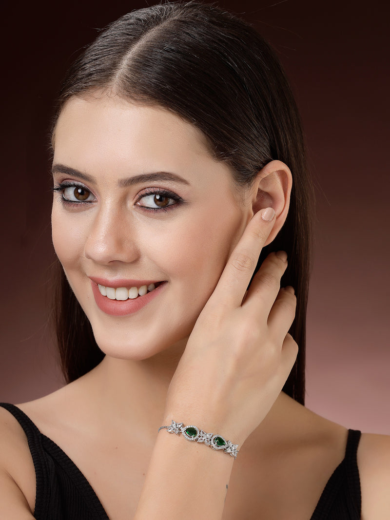Rhodium Plated Silver Toned White Flower & Green Teardrop AD Studded Wraparound Adjustable Bracelet