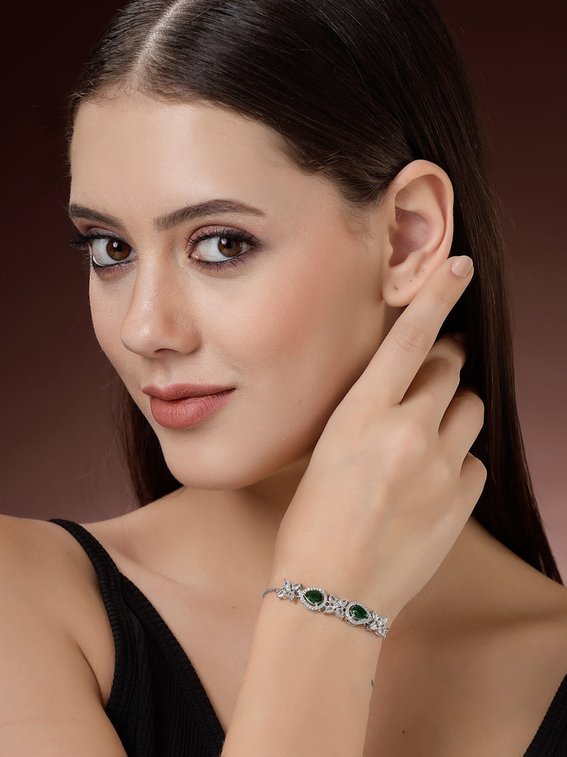 Rhodium Plated Silver Toned White Flower & Green Teardrop AD Studded Wraparound Adjustable Bracelet
