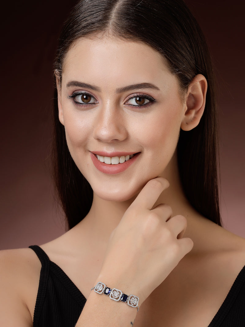 Rhodium Plated Silver Toned White Round & Blue Rectangle American Diamond Wraparound Adjustable Bracelet