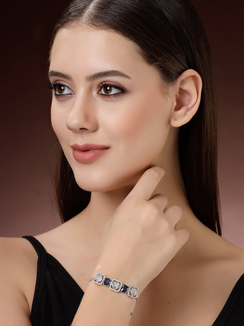 Rhodium Plated Silver Toned White Round & Blue Rectangle American Diamond Wraparound Adjustable Bracelet