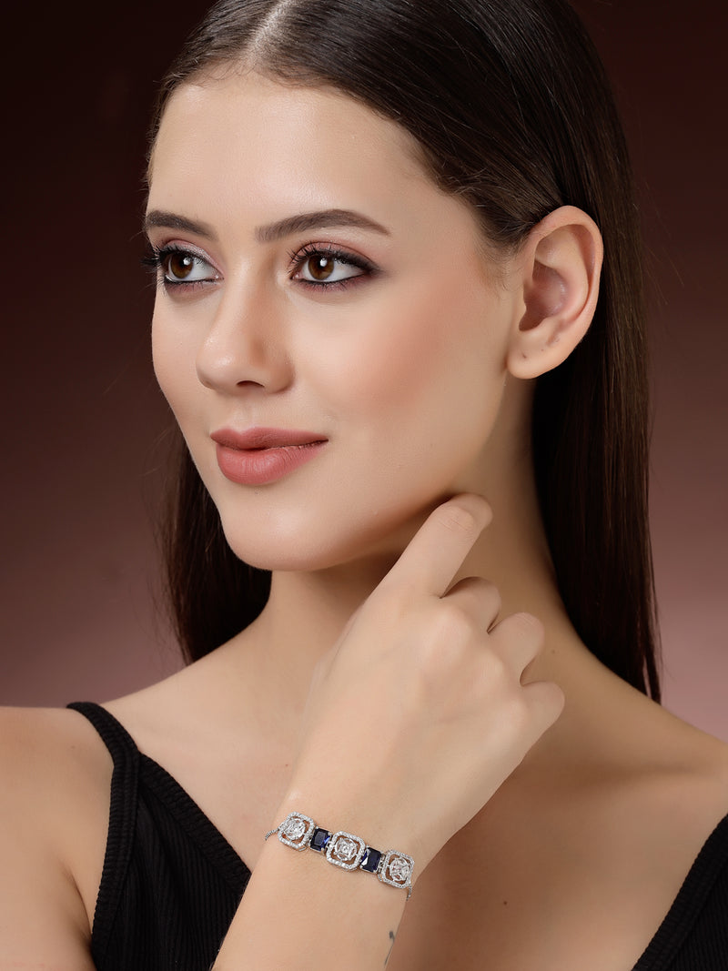 Rhodium Plated Silver Toned White Round & Blue Rectangle American Diamond Wraparound Adjustable Bracelet