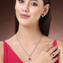 Rhodium Plated Silver Toned Ruby Red Tear dropped  Shaped American Diamond Studded Pendant Combo With Ring