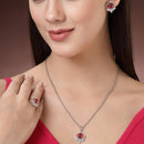 Rhodium Plated Silver Toned Ruby Red Tear dropped  Shaped American Diamond Studded Pendant Combo With Ring