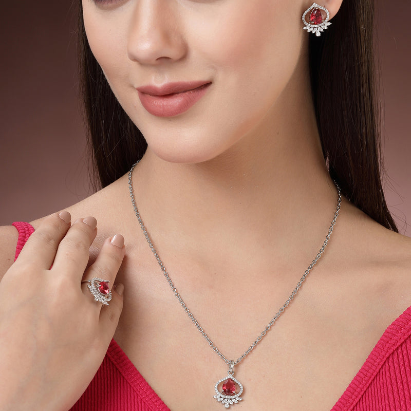Rhodium Plated Silver Toned Ruby Red Tear dropped  Shaped American Diamond Studded Pendant Combo With Ring