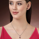 Rhodium Plated Silver Toned Tear Dropped Shaped Ruby Red American Diamond Studded Pendant Set