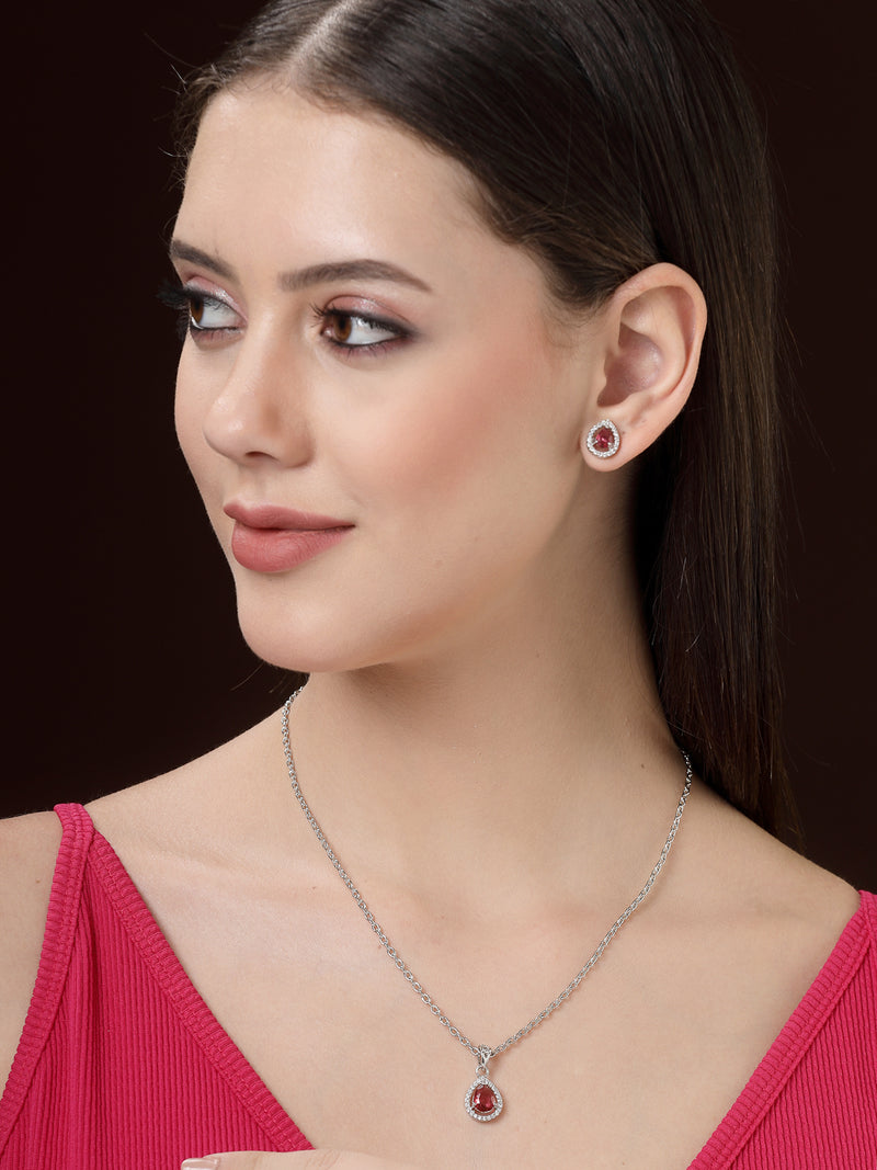 Rhodium Plated Silver Toned Tear Dropped Shaped Ruby Red American Diamond Studded Pendant Set