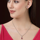 Rhodium Plated Silver Toned Tear Dropped Shaped Ruby Red American Diamond Studded Pendant Set