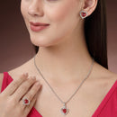 Rhodium Plated Silver Toned Heart Shaped Ruby Red American Diamond Studded Pendant Combo With Ring