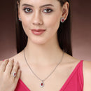Rhodium Plated Silver Toned Oval Shaped Ruby Red American Diamond Studded Pendant Combo With Ring