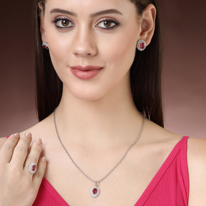 Rhodium Plated Silver Toned Oval Shaped Ruby Red American Diamond Studded Pendant Combo With Ring