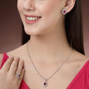 Rhodium Plated Silver Toned Oval Shaped Ruby Red American Diamond Studded Pendant Combo With Ring