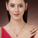 Rhodium Plated Silver Toned Ruby Red American Diamond Studded Pendant Combo With Ring