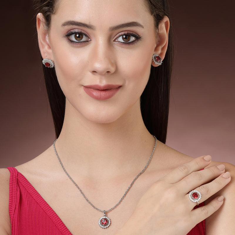 Rhodium Plated Silver Toned Ruby Red American Diamond Studded Pendant Combo With Ring