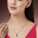 Rhodium Plated Silver Toned Ruby Red American Diamond Studded Pendant Combo With Ring