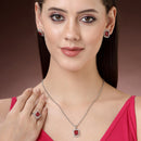 Rhodium Plated Silver Toned Square Shaped Ruby Red American Diamond Studded Pendant Combo With Ring