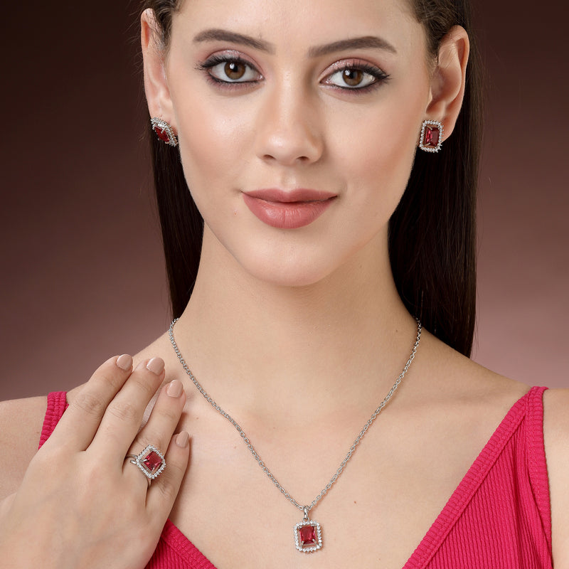 Rhodium Plated Silver Toned Square Shaped Ruby Red American Diamond Studded Pendant Combo With Ring