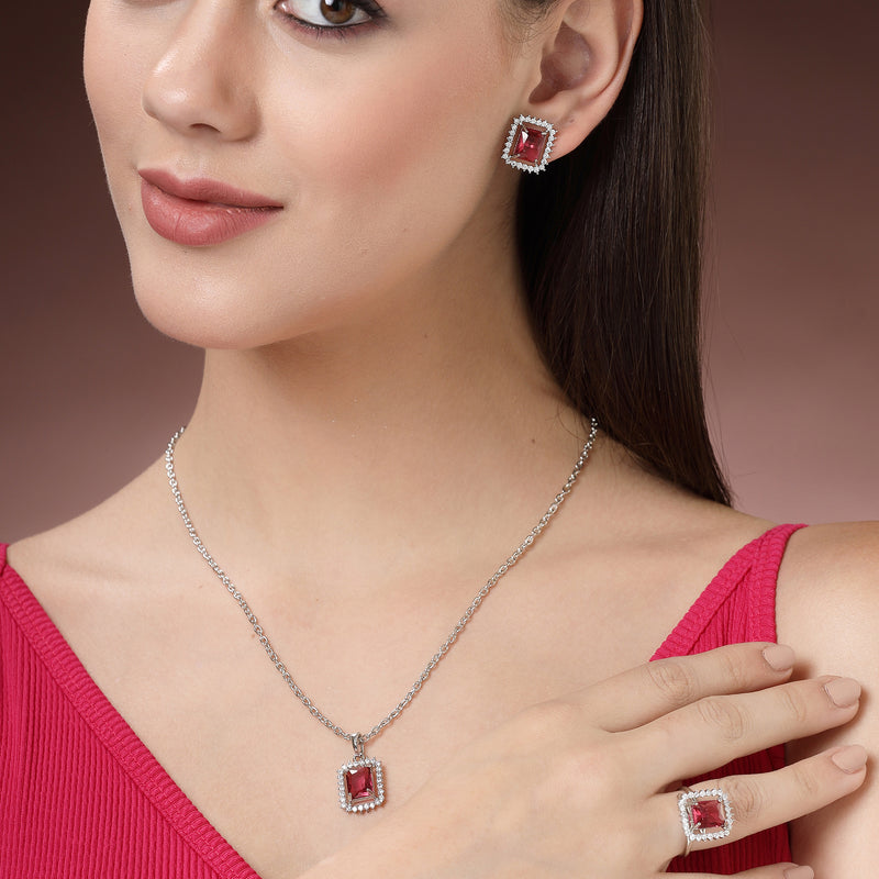 Rhodium Plated Silver Toned Square Shaped Ruby Red American Diamond Studded Pendant Combo With Ring
