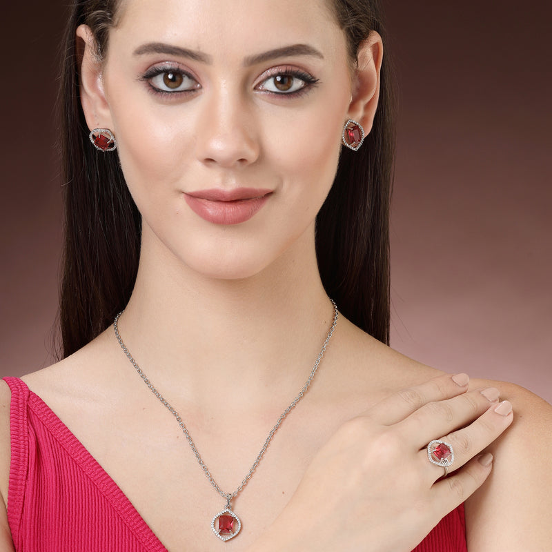 Rhodium Plated Silver Toned Ruby Red American Diamond Studded Pendant Combo With Ring