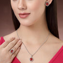 Rhodium Plated Silver Toned Ruby Red American Diamond Studded Pendant Combo With Ring